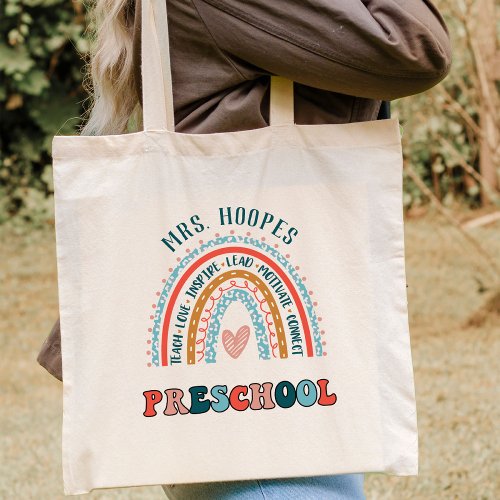 Preschool Boho Rainbow Heart Personalized Teacher Tote Bag