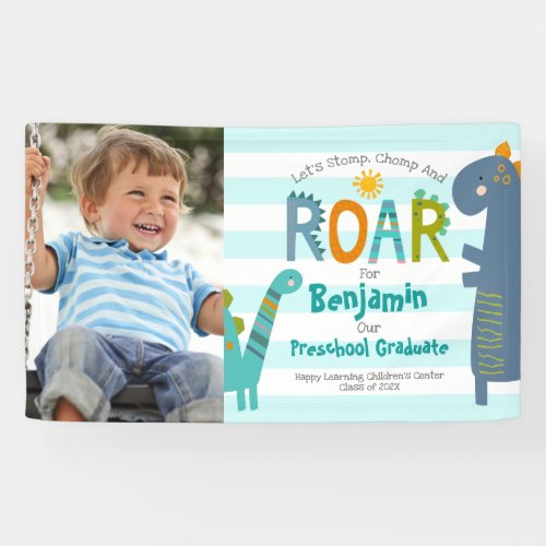 Preschool Boy Graduation Photo Dinosaur Turquoise Banner