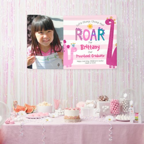 Preschool Girl Graduation Photo Dinosaur Cute Pink Banner