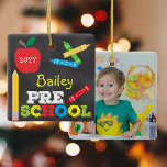 Preschool Keepsake Chalkboard Colorful Kids Photo Ceramic Ornament<br><div class="desc">Pre-K photo ornament design features an apple, a ruler, crayons and bold, colorful fun typography! Click the customize button for more options for modifying the text! Variations of this design, additional colors, as well as coordinating products are available in our shop, zazzle.com/store/doodlelulu. Contact us if you need this design applied...</div>