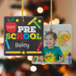 Preschool Keepsake Chalkboard Colorful Kids Photo Ceramic Ornament<br><div class="desc">Pre-school ornament design features an apple, a ruler, crayons and bold, colorful fun typography! Click the customize button for more options for modifying the text! Variations of this design, additional colors, as well as coordinating products are available in our shop, zazzle.com/store/doodlelulu. Contact us if you need this design applied to...</div>