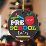 Preschool Keepsake Chalkboard Colorful Kids Photo Ceramic Ornament<br><div class="desc">Pre-K ornament design features an apple, a ruler, crayons and bold, colorful fun typography on the front and a full-photo on the back! Click the customize button for more options for modifying the text! Variations of this design, additional colors, as well as coordinating products are available in our shop, zazzle.com/store/doodlelulu....</div>