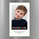 Preschool Keepsake Photo Magnet<br><div class="desc">Capture the charm of early childhood with this preschool keepsake photo magnet card, featuring a playful multi-color header that evokes the joy of preschool days. With a clean, minimalist design, the card highlight your child’s adorable photo and milestone details, creating a keepsake that’s both elegant and heartwarming. ◆︎◆︎◆︎ Perfect for...</div>