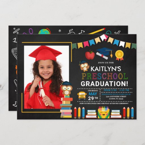 Preschool Photo Graduation Chalkboard Invitation | Zazzle