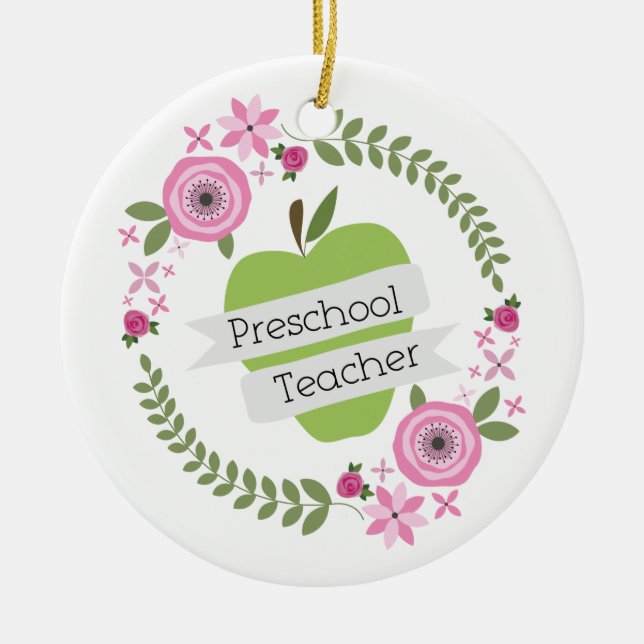 Preschool Teacher Floral Wreath Green Apple Ceramic Ornament (Front)