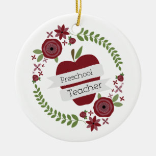 Preschool Teacher Floral Wreath Red Apple Ceramic Ornament
