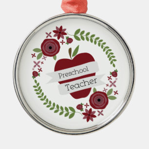 Preschool Teacher Floral Wreath Red Apple Metal Ornament