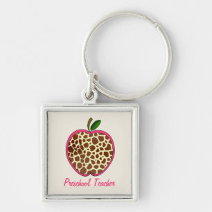 Preschool Teacher Giraffe Print Apple Keychain