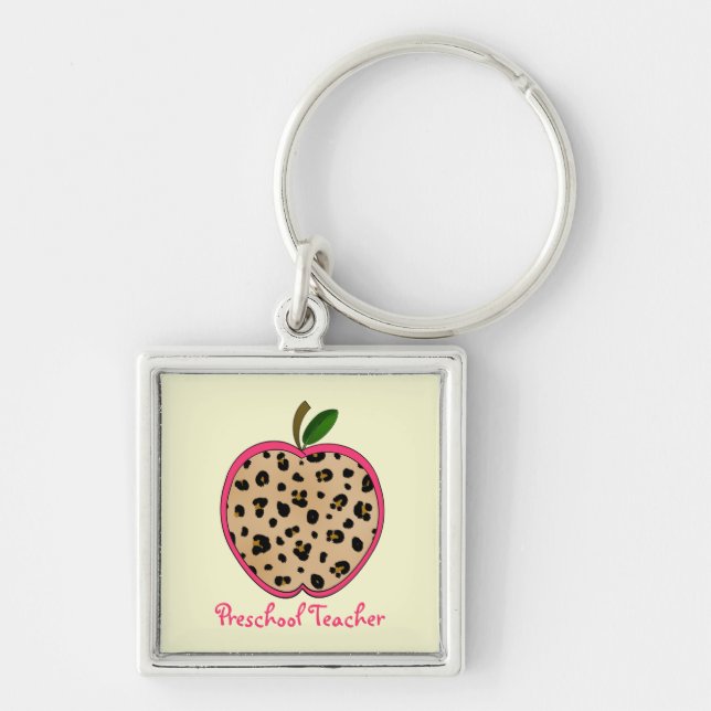 Preschool Teacher Leopard Print Apple Keychain (Front)