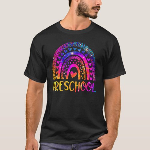Preschool Teacher Leopard Tie Dye Rainbow Back To  T_Shirt