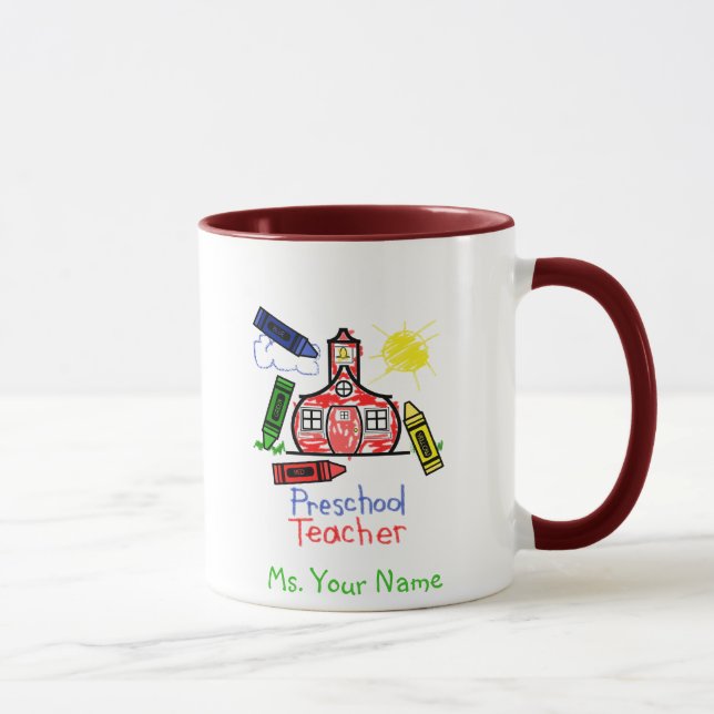 Preschool Teacher Mug - Schoolhouse and Crayons (Right)