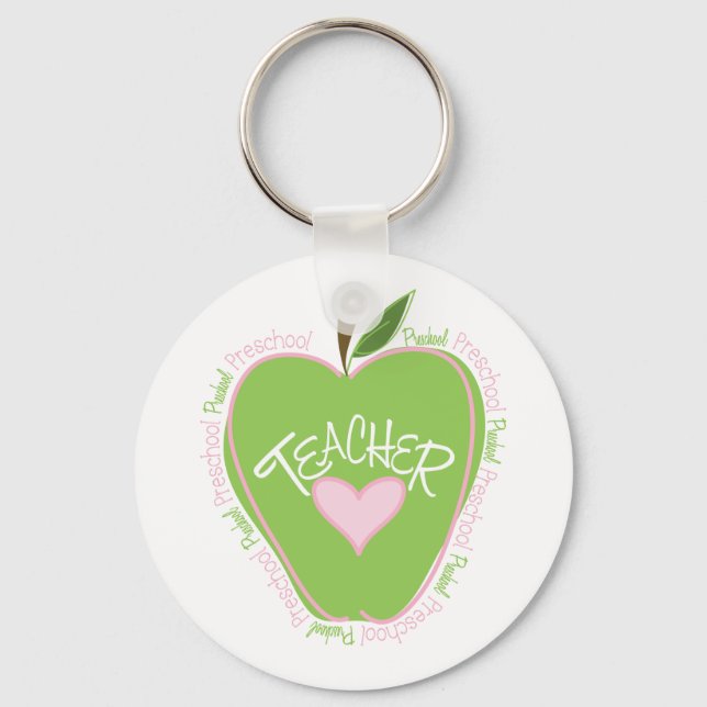 Preschool Teacher Pink & Green Apple Keychain (Front)