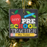 Preschool Teacher Pre-K Keepsake Bright Ceramic Ornament<br><div class="desc">Preschool teacher ornament design features an apple, crayons, a pencil and bold, colorful fun typography! Click the customize button for more options for modifying the text! Variations of this design, additional colors, as well as coordinating products are available in our shop, zazzle.com/store/doodlelulu. Contact us if you need this design applied...</div>
