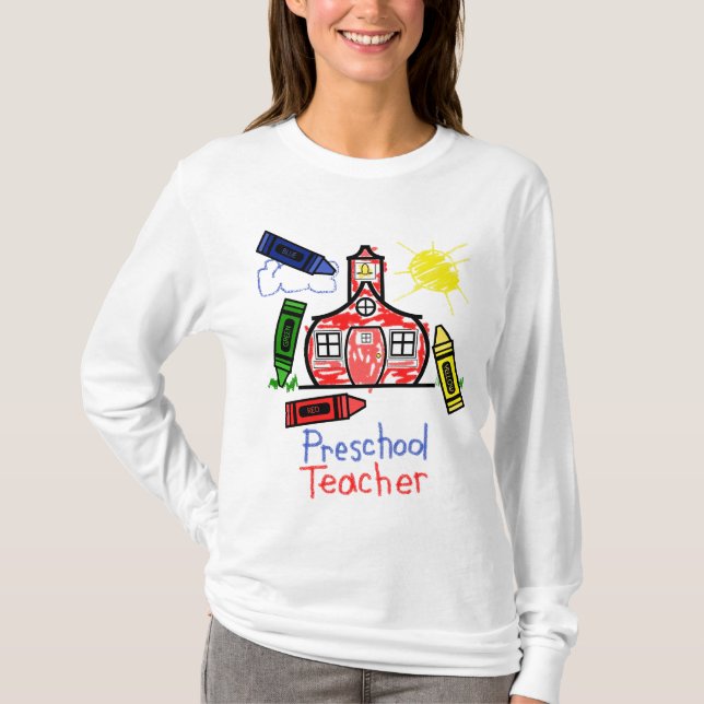Preschool Teacher T Shirt - Schoolhouse & Crayons (Front)