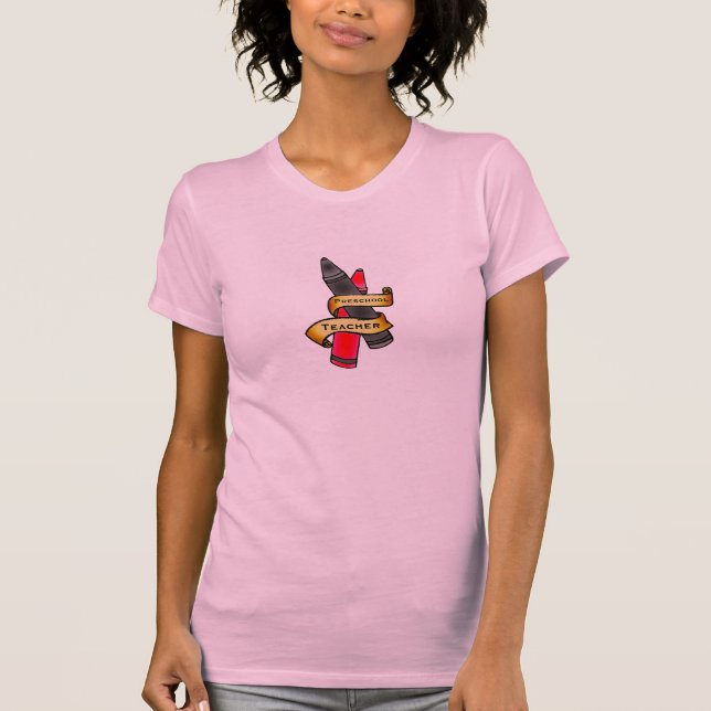 Preschool Teacher T Shirt - Vintage Crayon Tattoo (Front)