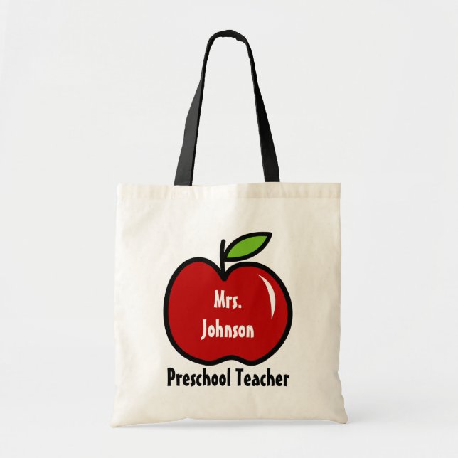 Preschool teacher tote bag | Personalize red apple (Front)