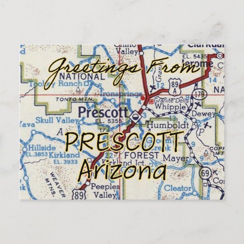 Prescott AZ Vintage Map Postcard