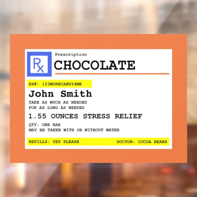 Prescription Chocolate Personalized Patient Name Window Cling (Sheet 2)