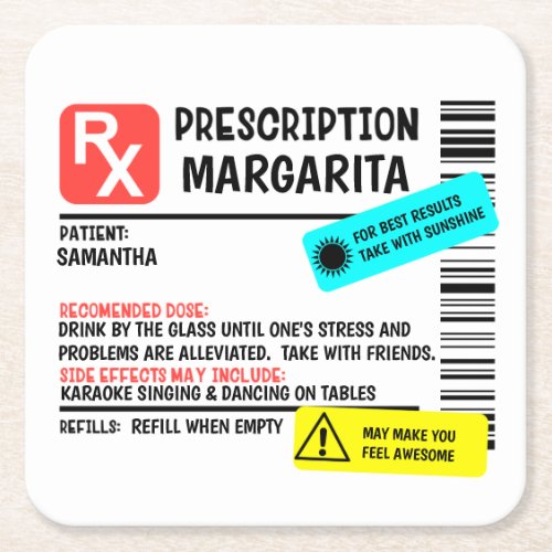Prescription Margarita Funny Warning Label   Square Paper Coaster