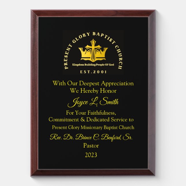 Present Glory Baptist Church Award Plaque (Vertical)