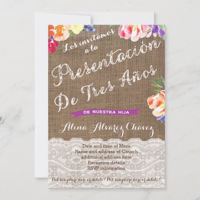 presentacion de tres años para niña, flores invitation (Front)