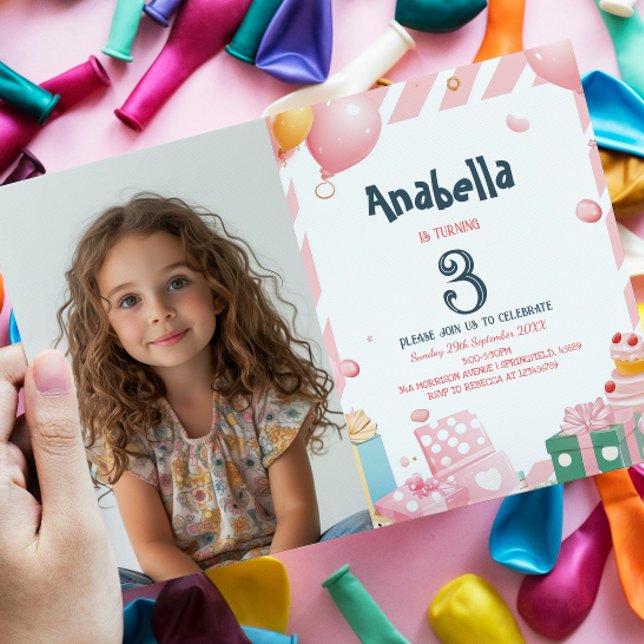 Presents and balloons Pink Girl Birthday Party Invitation (Creator Uploaded)