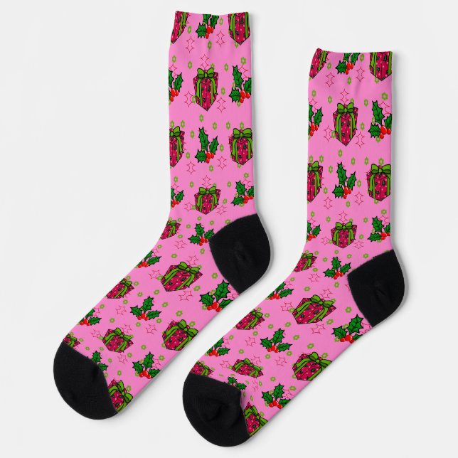 Presents and Holly_pink Socks (Left)