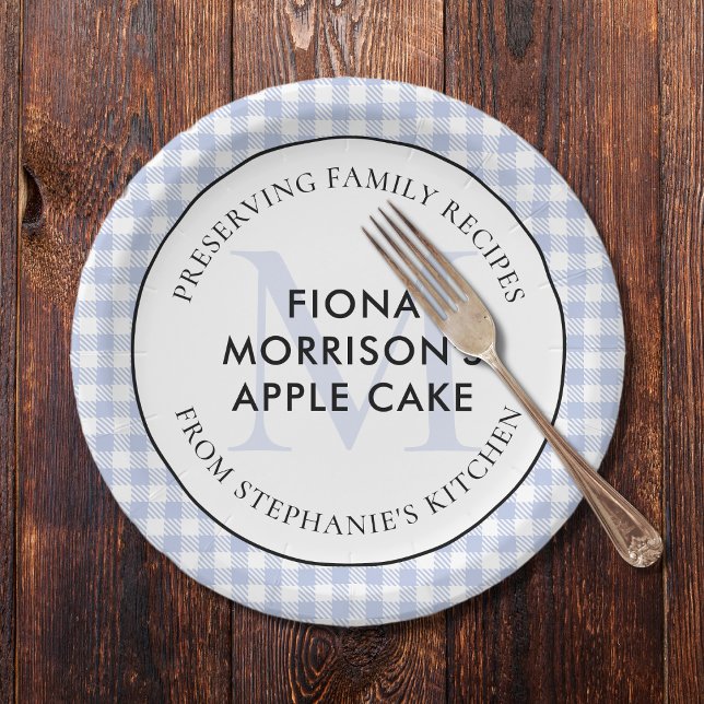 Preserving Family Recipes Periwinkle Blue Monogram Paper Plates (Periwinkle Blue Checkered Gingham Paper Plate Monogram Preserving Family Recipes)