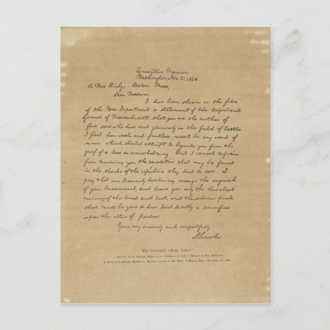 President Abraham Lincoln's Letter to Mrs. Bixby Postcard (Front)