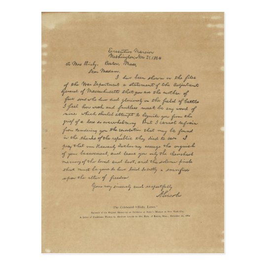 President Abraham Lincoln U0026 39 S Letter To Mrs Bixby Postcard