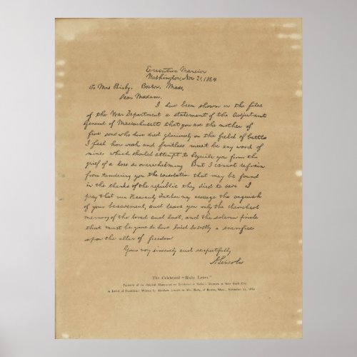 President Abraham Lincolns Letter to Mrs Bixby Poster