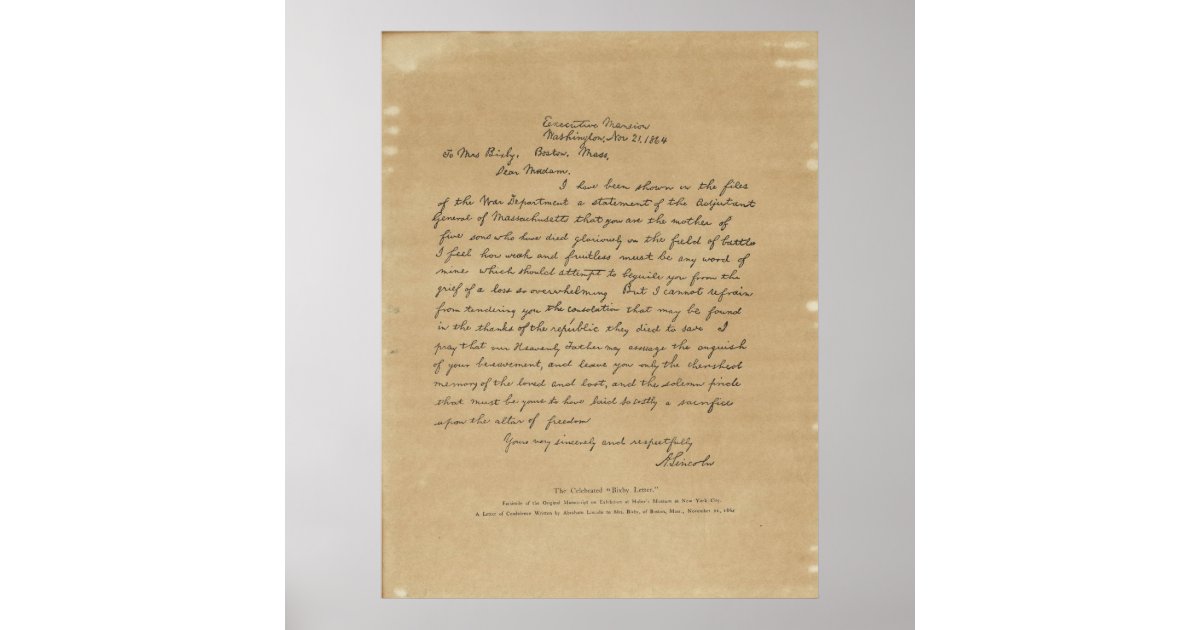 President Abraham Lincoln U0026 39 S Letter To Mrs Bixby Poster