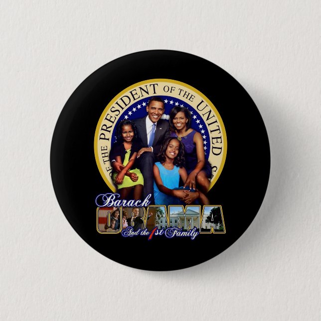PRESIDENT BARACK OBAMA AND FAMILY PINBACK BUTTON (Front)