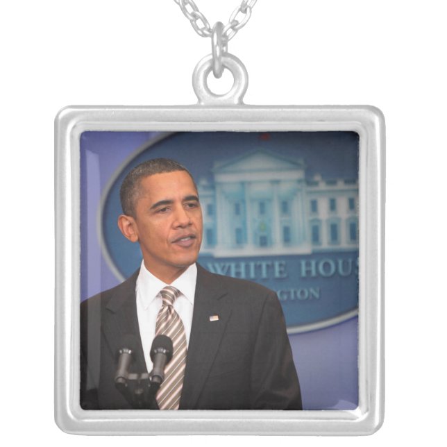 President Barack Obama makes an announcement Silver Plated Necklace (Front)