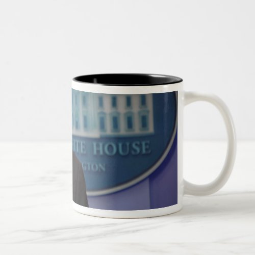 President Barack Obama makes an announcement Two_Tone Coffee Mug