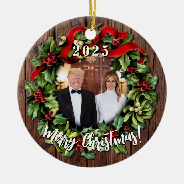 President Donald Trump & Melania 2025 Holly Wreath Ceramic Ornament (Front)