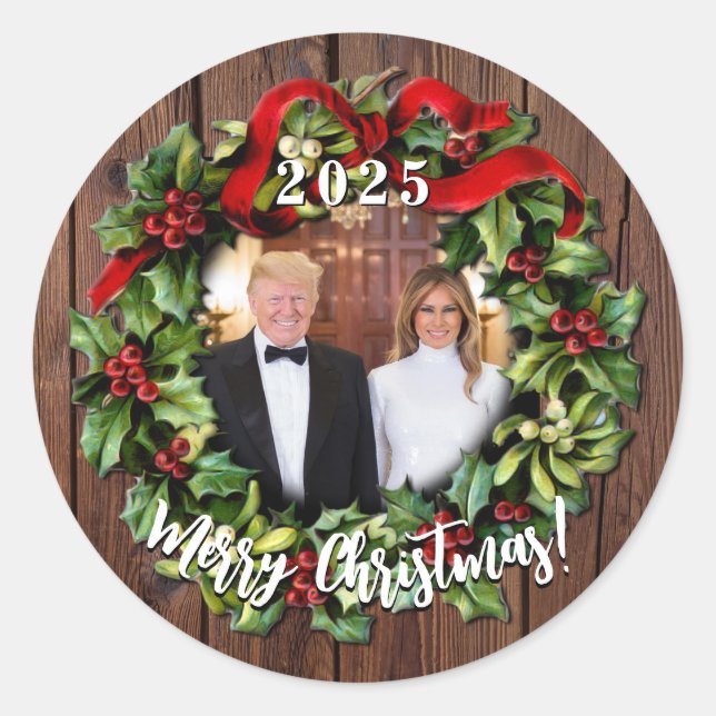 President Donald Trump & Melania 2025 Holly Wreath Classic Round Sticker (Front)