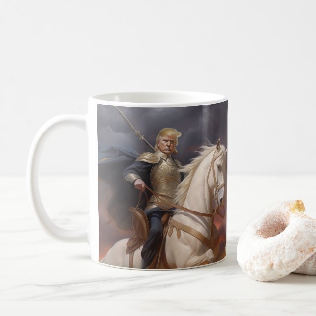 President Donald Trump White Horse Hero Funny AI Coffee Mug (With Donut)