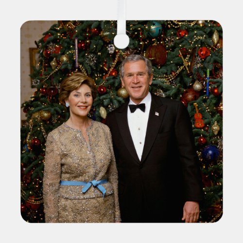 President George Bush Laura Christmas White House Metal Ornament