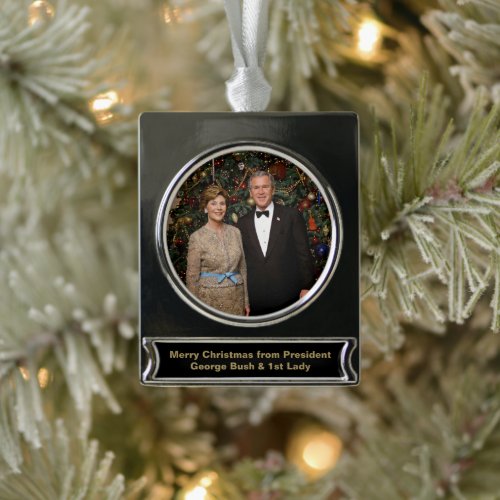 President George Bush Laura Christmas White House Silver Plated Banner Ornament