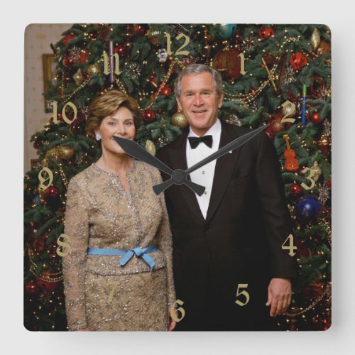 President George Bush Laura Christmas White House Square Wall Clock
