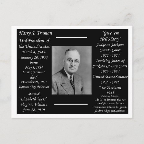 President Harry Truman Postcard