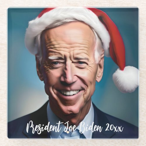 President Joe Biden and Santa Hat   Glass Coaster
