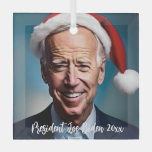President Joe Biden and Santa Hat Glass Ornament