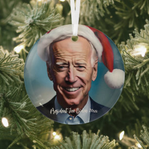 President Joe Biden and Santa Hat Glass Ornament