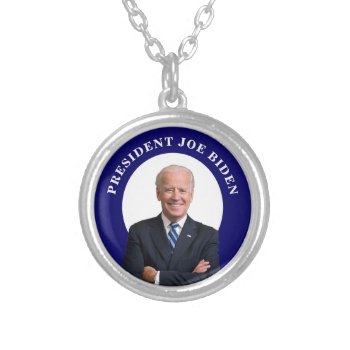 President Joe Biden Portrait On Blue Silver Plated Necklace by DakotaPolitics at Zazzle