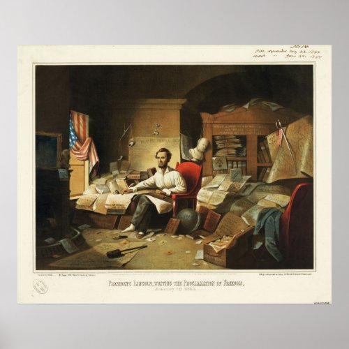 President Lincoln Writing Proclamation of Freedom Poster