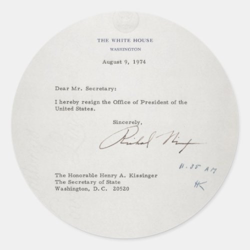 President Richard M Nixon Resignation Letter Classic Round Sticker