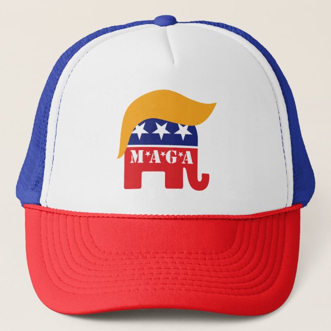 President Trump 2020 GOP Elephant Hair MAGA Trucker Hat (Front)
