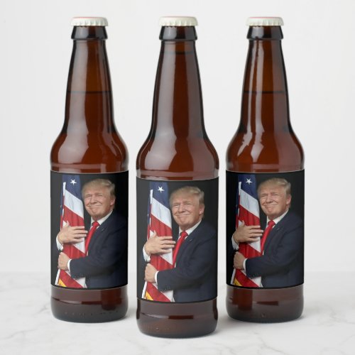 President Trump Hugging the American Flag Beer Bottle Label